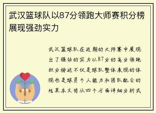武汉篮球队以87分领跑大师赛积分榜展现强劲实力